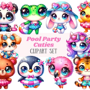 Watercolour Pool Party Animal Clipart Cute Beach Animals PNG Digital Image Download for Card Making Scrapbook Junk Journal Paper Craft