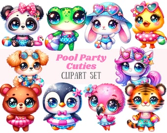 Può includere: Un set di 10 adorabili illustrazioni di animali dei cartoni animati con occhi grandi, che indossano costumi da bagno e tengono galleggianti per piscina. Gli animali includono un panda, una rana, un coniglio, un'anatra, un unicorno, un cane, un orso, un pinguino, un fenicottero e una tigre. Il testo "Pool Party Cuties Clipart Set" è visualizzato sotto gli animali.