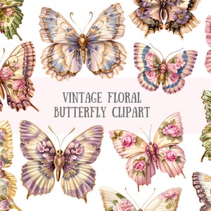 Aquarell Vintage Blumen Schmetterling Clipart Schmetterling PNG digitale Bild-Downloads für die Kartenherstellung Scrapbook Junk Journal Papierhandwerk