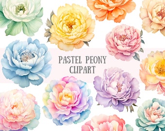 Watercolour Pastel Peony Clipart Spring Flower Elements PNG Digital Image Downloads for Card Making Scrapbook Junk Journal Paper Crafts