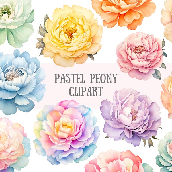 Watercolour Pastel Peony Clipart Spring Flower Elements PNG Digital Image Downloads for Card Making Scrapbook Junk Journal Paper Crafts