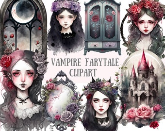 Könnte beinhalten: Ein Set digitaler Illustrationen mit einem gotischen Schloss, einem antiken Schrank, einem Spiegel mit Rosen und vier Porträts von Frauen mit dunklen Haaren und Rosenkronen. Der Text "Vampire Fairytale Clipart" ist in rosa Buchstaben geschrieben.
