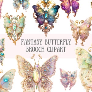 Aquarelle fantaisie papillon broche Clipart pierres précieuses bijoux PNG Image numérique à télécharger pour la fabrication de cartes Scrapbook Junk Journal artisanat en papier