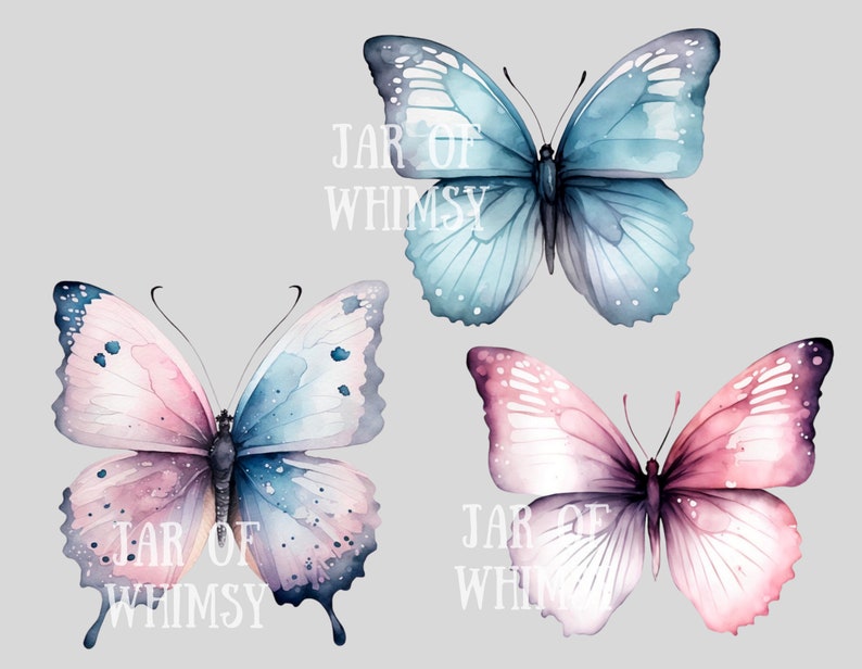 May include: Three watercolor butterflies with delicate wings in shades of pink, blue, and purple. The butterflies are arranged in a triangular pattern with the text "JAR OF WHIMSY" appearing twice.
