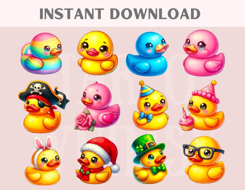 May include: A set of 12 digital illustrations of cute rubber duckies in various colors and costumes. The ducks are wearing hats, sunglasses, and other accessories. They are perfect for use in digital projects, such as social media posts, websites, and presentations.