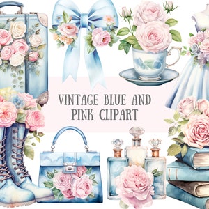 Aquarela Vintage Azul e Rosa Clipart Shabby Chic Rose Downloads de imagens digitais PNG para fazer cartões Scrapbook Junk Journal Paper Crafts