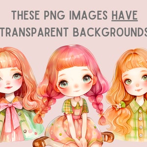 Akvarell Kawaii Spring Girl Clipart Söt Chibi Anime Girl PNG Digitala Bildnedladdningar för Korttillverkning Scrapbook Junk Journal Papperspyssel bild 5