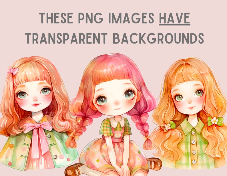 Akvarell Kawaii Spring Girl Clipart Söt Chibi Anime Girl PNG Digitala Bildnedladdningar för Korttillverkning Scrapbook Junk Journal Papperspyssel bild 5