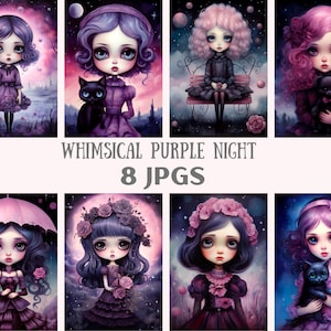 Aquarell Wunderlich Purple Night Clipart Big Eyed Girl Art JPG Digitales Bild Downloads für die Kartenherstellung Scrapbook Junk Journal Papierhandwerk