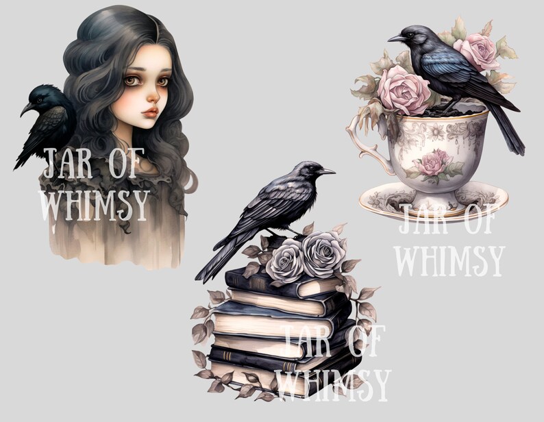 Op de afbeelding: Drie digitale illustraties met zwarte vogels en de tekst "JAR OF WHIMSY". De eerste afbeelding toont een meisje met lang zwart haar en een zwarte vogel die op haar schouder zit. De tweede afbeelding toont een zwarte vogel die op een stapel boeken met rozen zit. De derde afbeelding toont een zwarte vogel die op een theekopje met rozen zit.