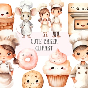 Acuarela lindo panadero Clipart Kawaii Cupcake Bakery PNG Descargas de imágenes digitales para hacer tarjetas Scrapbook Junk Journal Paper Crafts