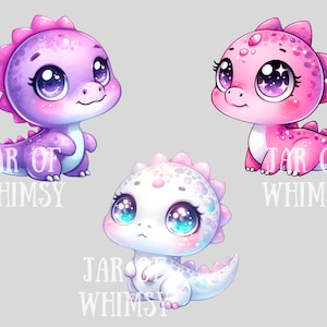 Puede incluir: Tres dinosaurios beb&eacute;s de dibujos animados con escamas brillantes y ojos grandes. Los dinosaurios son morado, rosa y blanco. El texto "JAR OF WHIMSY" est&aacute; escrito debajo de cada dinosaurio.