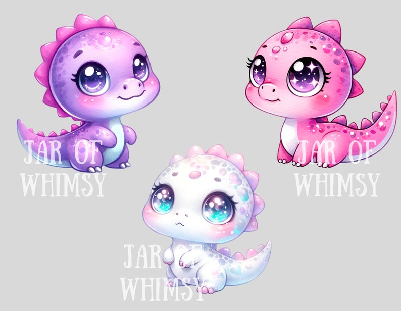 Puede incluir: Tres dinosaurios beb&eacute;s de dibujos animados con escamas brillantes y ojos grandes. Los dinosaurios son morado, rosa y blanco. El texto "JAR OF WHIMSY" est&aacute; escrito debajo de cada dinosaurio.