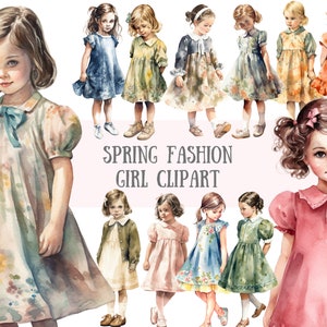 Aquarel vintage lente mode meisje clipart vintage jurk png digitale afbeelding downloads voor kaarten maken plakboek junk dagboek papier ambacht