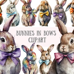 Watercolour Bunnies in Bows Clipart - Easter Bunnies PNG Digital Image Downloads for Card Making, Scrapbook, Junk Journal, Paper Crafts