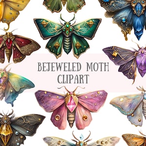 Aquarell Bejeweled Moth Clipart Königliche Motten PNG digitale Bild-Downloads für die Kartenherstellung Scrapbook Junk Journal Papierhandwerk