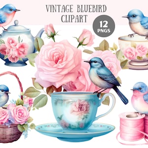 Aquarell Vintage Bluebird Clipart Frühling Blauer Vogel PNG digitale Bild-Downloads für die Kartenherstellung Scrapbook Junk Journal Papierhandwerk