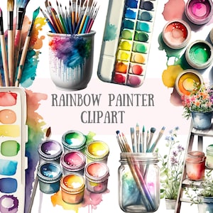 Aquarel regenboogschilder clipart kunstenaar schilderij png digitale afbeelding downloads voor kaarten maken plakboek ongewenste dagboek papier ambachten