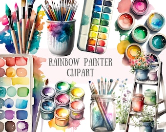 Aquarel Rainbow Painter Clipart Artist Painting PNG Digital Image Downloads voor Card Making Scrapbook Junk Journal Paper Crafts