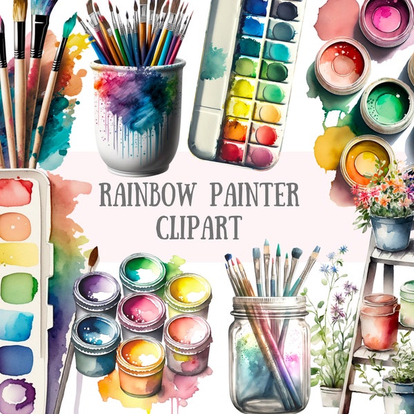 Watercolour Rainbow Painter Clipart Artist Painting PNG Digital Image Downloads for Card Making Scrapbook Junk Journal Paper Crafts