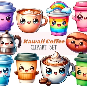 Acquerello Kawaii Coffee Clipart Cute Coffee Cup Mug PNG Download di immagini digitali per la realizzazione di cartoline Scrapbook Junk Journal Paper Crafts