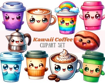 Watercolour Kawaii Coffee Clipart Cute Coffee Cup Mug PNG Digital Image Downloads for Card Making Scrapbook Junk Journal Paper Crafts