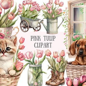 Aquarel vintage roze tulp clipart roze lentebloem png digitale afbeelding downloads voor kaarten maken plakboek junk dagboek papier ambachten