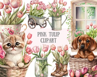 Watercolour Vintage Pink Tulip Clipart Pink Spring Flower PNG Digital Image Downloads for Card Making Scrapbook Junk Journal Paper Crafts