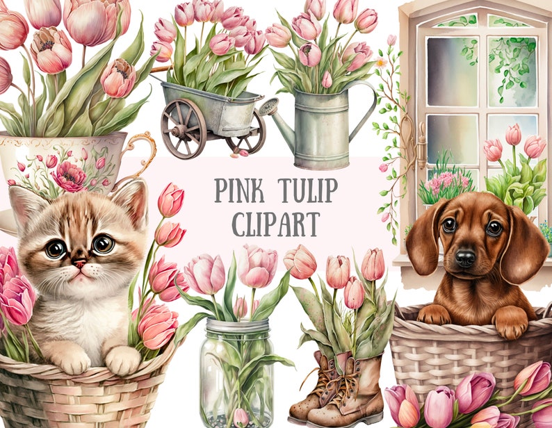 Watercolour Vintage Pink Tulip Clipart Pink Spring Flower PNG Digital Image Downloads for Card Making Scrapbook Junk Journal Paper Crafts image 1