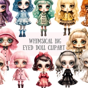 Acquerello stravagante bambola dagli occhi grandi Clipart Fashion Girl PNG Download di immagini digitali per la creazione di cartoline Scrapbook Junk Journal Paper Crafts