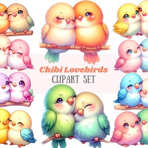 Aquarelle Chibi inséparable Clipart Kawaii inséparable paires d'oiseaux PNG Téléchargement d'image numérique pour la fabrication de cartes Scrapbook Junk Journal créations en papier