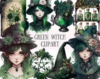 Acquerello verde strega Clipart gotico Halloween Fantasy PNG Download di immagini digitali per la creazione di cartoline Scrapbook Junk Journal Crafts