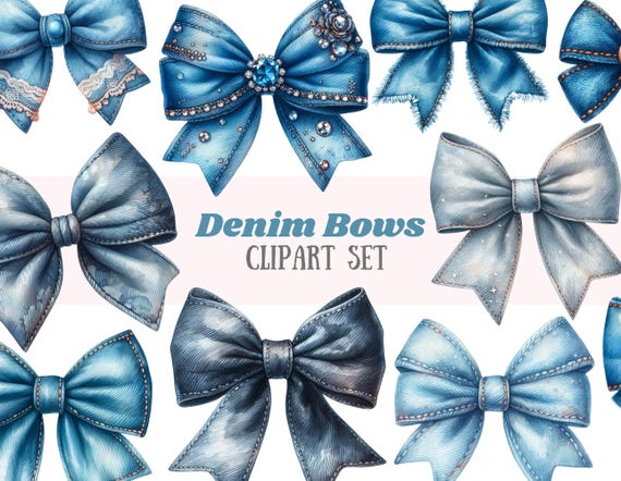 Watercolour Denim Bow Clipart Acid Wash Denim Blue Bow PNG Digital Image Downloads for Card Making Scrapbook Junk Journal Paper Crafts