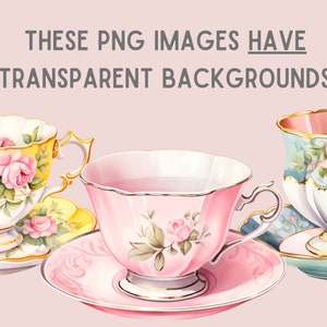 May include: Three teacups and saucers with floral designs. The teacups are white with gold trim and feature pink, yellow, and blue floral patterns. The saucers are in matching colours.