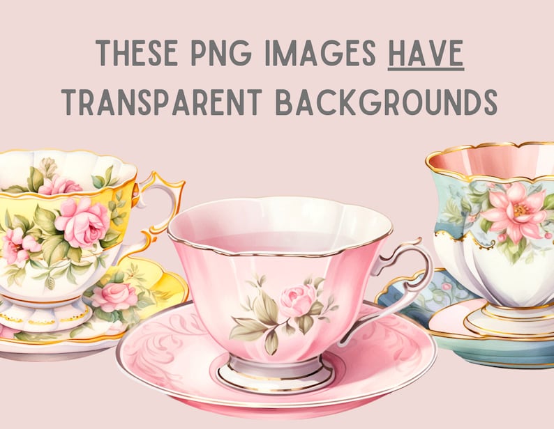 May include: Three teacups and saucers with floral designs. The teacups are white with gold trim and feature pink, yellow, and blue floral patterns. The saucers are in matching colours.