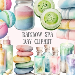 Clipart aquarelle arc-en-ciel spa journée - mignons soins personnels PNG image numérique à télécharger pour la fabrication de cartes, scrapbooking, journal indésirable, travaux manuels en papier