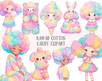May include: Kawaii cotton candy clipart featuring a variety of characters, including a girl with rainbow hair, a sheep, a rabbit, a dog, and a girl with brown skin. The characters are all dressed in cotton candy-themed outfits and have sparkling details.