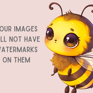 May include: A cartoon illustration of a cute bee with large eyes, a fuzzy yellow body, and black and yellow stripes. The bee has a small, pink nose and is flying with its wings spread out.
