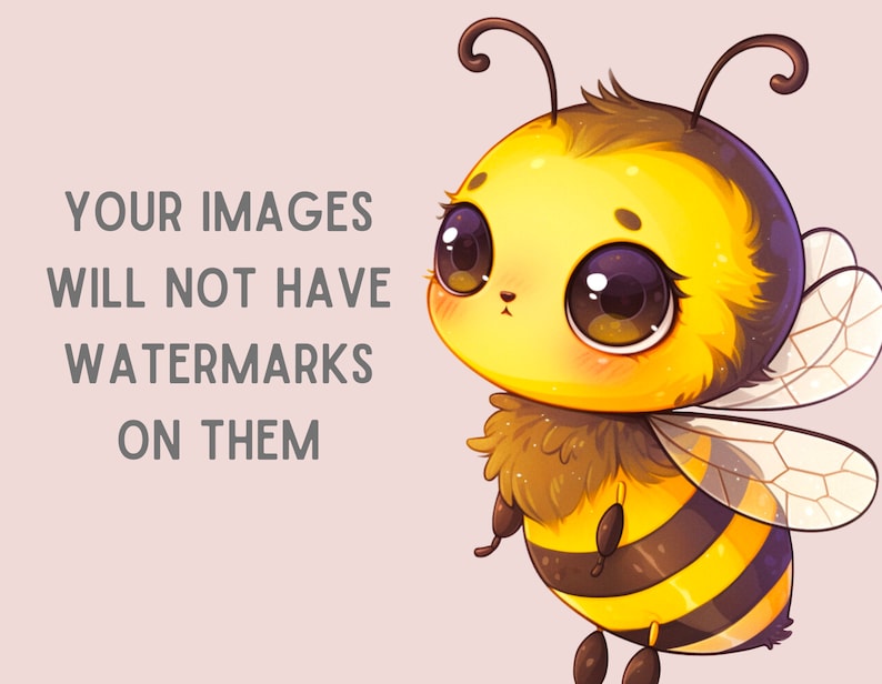 May include: A cartoon illustration of a cute bee with large eyes, a fuzzy yellow body, and black and yellow stripes. The bee has a small, pink nose and is flying with its wings spread out.