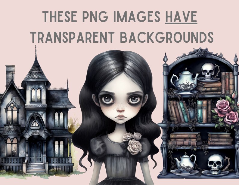 Imágenes prediseñadas de acuarela gótica Cottagecore con calaveras y rosas PNG Descargas de imágenes digitales para hacer tarjetas, álbumes de recortes, diarios basura, manualidades con papel imagen 5