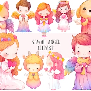 Acuarela Kawaii Angel Clipart Lindo Chibi Cupido Chica PNG Descargas de imágenes digitales para hacer tarjetas Scrapbook Junk Journal Paper Crafts