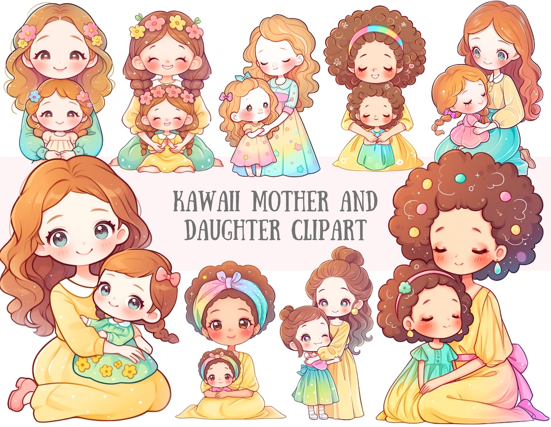 Watercolour Kawaii Mother and Daughter Clipart Mum Mom PNG Digital