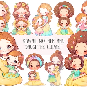 Watercolour Kawaii Mother and Daughter Clipart Mum Mom PNG Digital Image Downloads for Card Making Scrapbook Junk Journal Paper Crafts