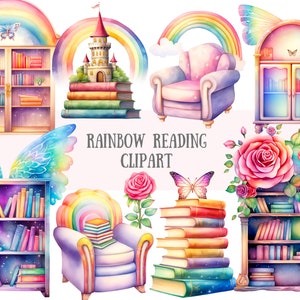 Acquerello arcobaleno lettura clipart amante dei libri PNG immagini digitali da scaricare per la creazione di biglietti scrapbooking junk journal paper crafts
