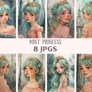 Aquarelle menthe princesse clipart belle fille de conte de fées JPG téléchargements d'images numériques pour la fabrication de cartes scrapbooking journal indésirable papier artisanat