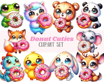 Può includere: Un set di dieci immagini clipart digitali che mostrano carini animali dei cartoni animati che tengono ciambelle rosa e bianche con codette colorate. Gli animali includono una rana, un lama, un orso, un panda, una volpe, un elefante, un dinosauro, un pulcino, un coniglio e un cervo. Il testo "Donut Cuties CLIPART SET" è visualizzato nella parte superiore dell'immagine.