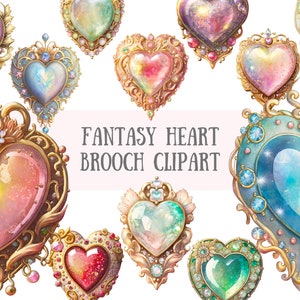 Akwarela Fantasy Heart Broszka Clipart Biżuteria z kamieni szlachetnych PNG Pobieranie obrazów cyfrowych do tworzenia kartek Scrapbook Junk Journal Paper Crafts