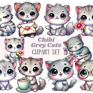 Aquarelle Chibi chat gris Clipart mignon chat tigré gris Kitty PNG Image numérique à télécharger pour la fabrication de cartes Scrapbook Junk Journal travaux manuels en papier