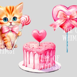 May include: A cute orange tabby kitten wearing a pink bow tie holds a pink and white swirl lollipop.  Behind the kitten is a pink heart-shaped cake with pink frosting and sprinkles.  A pink heart-shaped lollipop with a pink bow is on a blue stick.  All three items have the text "JAR OF WHIMSY" printed below them.