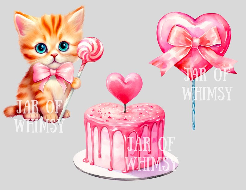 May include: A cute orange tabby kitten wearing a pink bow tie holds a pink and white swirl lollipop.  Behind the kitten is a pink heart-shaped cake with pink frosting and sprinkles.  A pink heart-shaped lollipop with a pink bow is on a blue stick.  All three items have the text "JAR OF WHIMSY" printed below them.